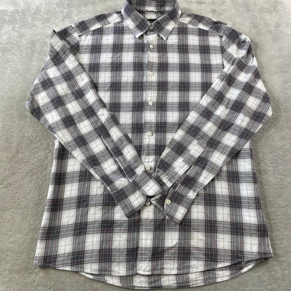 Ermenegildo Zegna Shirt Mens Large Gray White Plaid Cotton Button Preppy Office